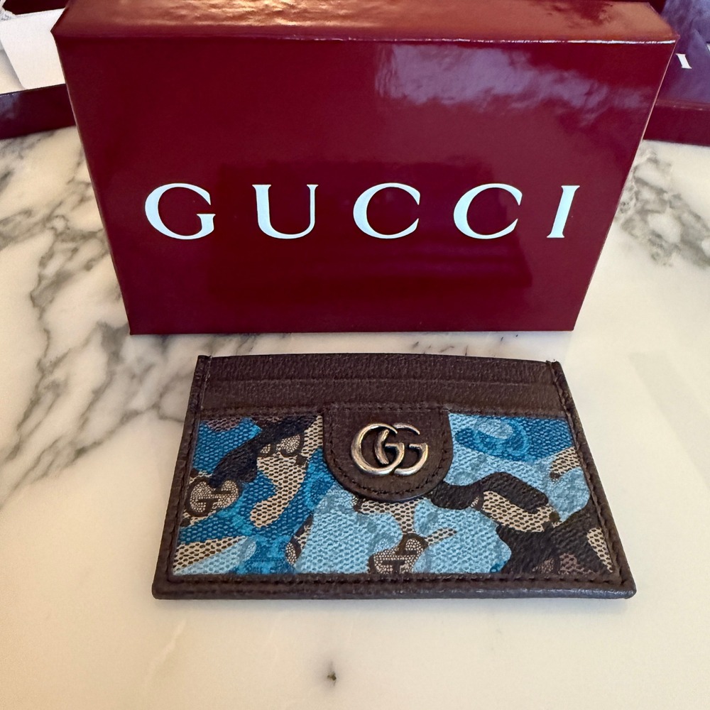 Gucci 834795 Brown Leather Blue Camo GG Supreme Canvas Card Holder Wallet - Picture 7 of 10